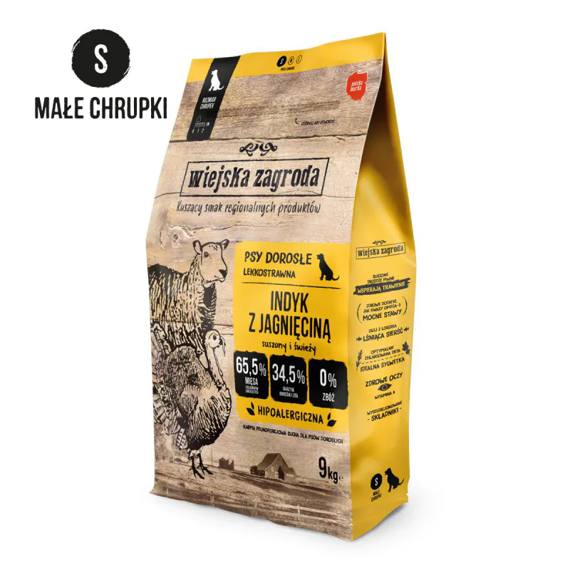 WIEJSKA ZAGRODA karma sucha dla psa indyk z jagnięciną chrupki S 9kg