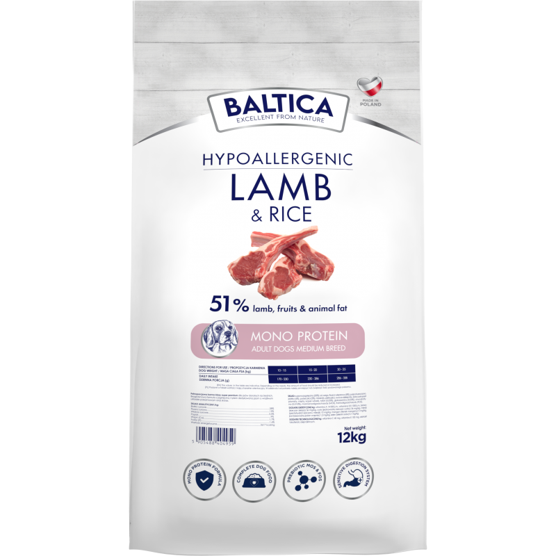 BALTICA HYPOALLERGENIC ADULT LAMB & RICE M 12 KG DLA PSÓW ŚREDNICH RAS M