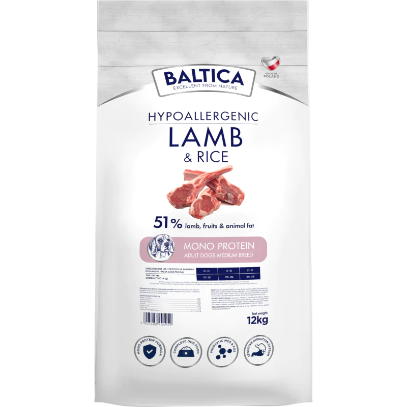 BALTICA HYPOALLERGENIC ADULT LAMB & RICE M 12 KG DLA PSÓW ŚREDNICH RAS M