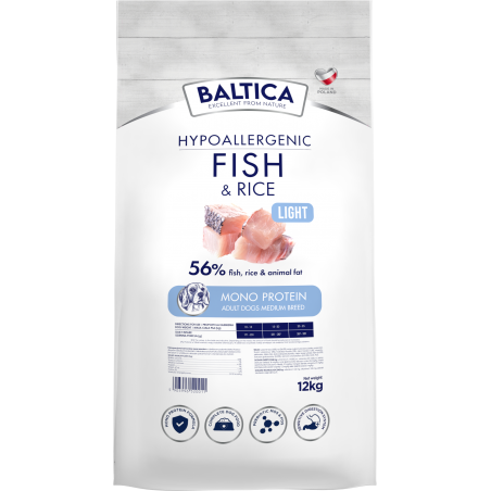 BALTICA HYPOALLERGENIC FISH & RICE LIGHT M 12 KG KARMA NISKOTŁUSZCZOWA