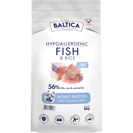 BALTICA HYPOALLERGENIC ADULT FISH & RICE LIGHT XS/S 6 KG KARMA NISKOTŁUSZCZOWA DLA OTYŁYCH PSÓW MAŁYCH RAS