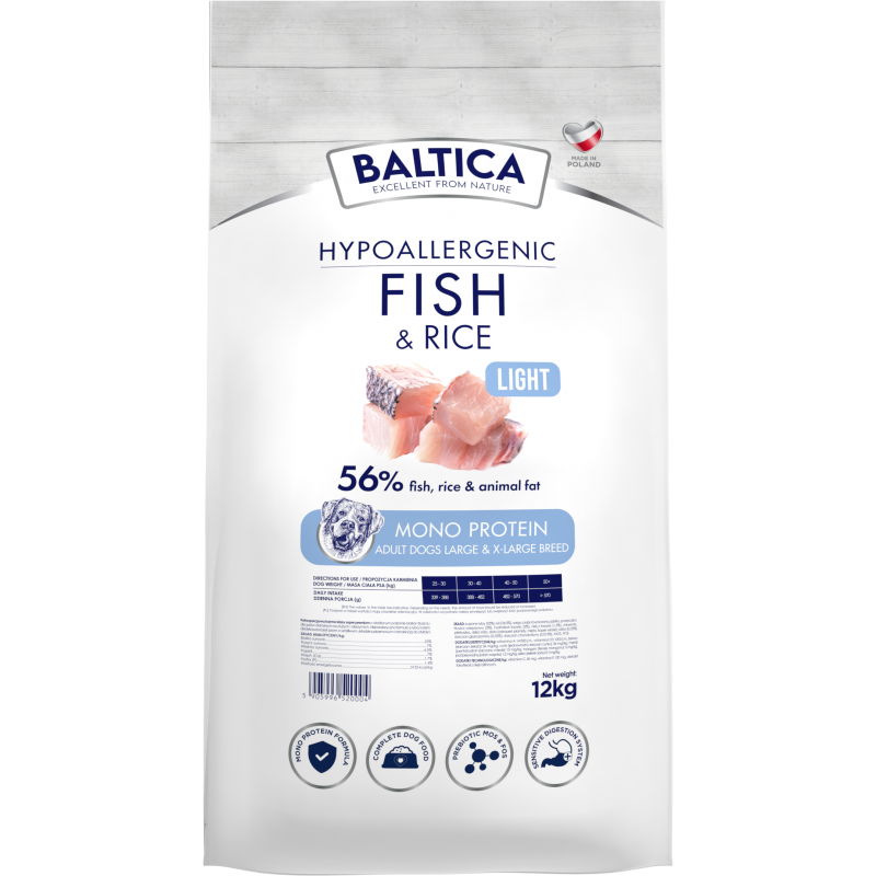 BALTICA HYPOALLERGENIC FISH & RICE LIGHT L/XL 12 KG KARMA NISKOTŁUSZCZOWA DLA PSÓW DUŻYCH RAS