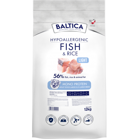 BALTICA HYPOALLERGENIC FISH & RICE LIGHT L/XL 12 KG KARMA NISKOTŁUSZCZOWA DLA PSÓW DUŻYCH RAS