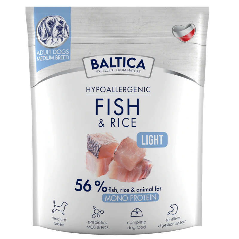BALTICA HYPOALLERGENIC FISH & RICE LIGHT M 1 KG KARMA NISKOTŁUSZCZOWA DLA PSÓW ŚREDNICH RAS