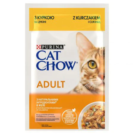 PURINA CAT CHOW ADULT KARMA MOKRA DLA KOTA Z KURCZAKIEM I CUKINIĄ W GALARECIE 10x85 G-5516
