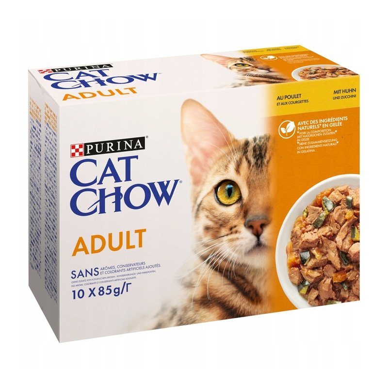 PURINA CAT CHOW ADULT KARMA MOKRA DLA KOTA Z KURCZAKIEM I CUKINIĄ W GALARECIE 10x85 G