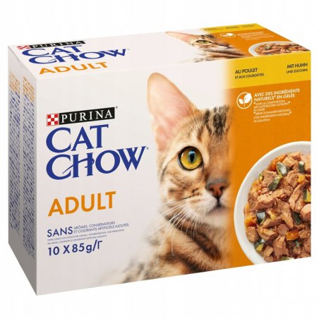 PURINA CAT CHOW ADULT KARMA MOKRA DLA KOTA Z KURCZAKIEM I CUKINIĄ W GALARECIE 10x85 G