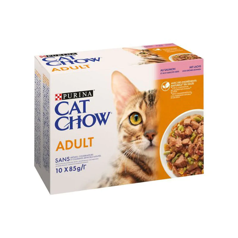 PURINA CAT CHOW ADULT KARMA MOKRA DLA KOTA Z ŁOSOSIEM I ZIELONĄ FASOLKĄ 10x85G