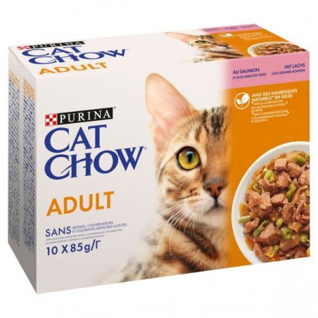 PURINA CAT CHOW ADULT KARMA MOKRA DLA KOTA Z ŁOSOSIEM I ZIELONĄ FASOLKĄ 10x85G