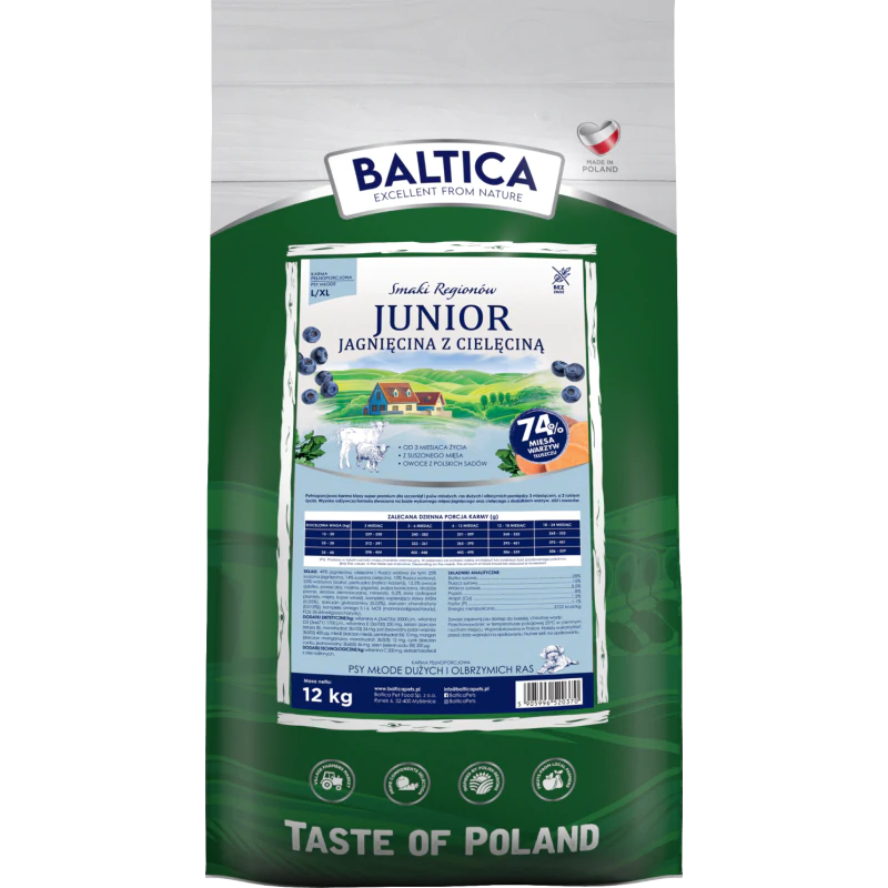 Baltica Junior Jagnięcina z cielęciną dla dużych ras 12kg – Bezzbożowa karma dla zdrowego rozwoju szczeniąt