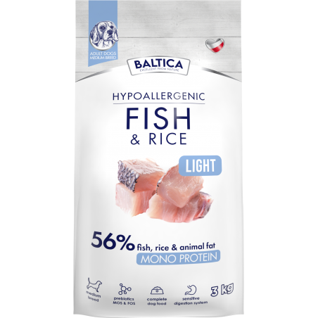 BALTICA HYPOALLERGENIC FISH & RICE LIGHT M 3 KG KARMA NISKOTŁUSZCZOWA DLA PSÓW ŚREDNICH RAS