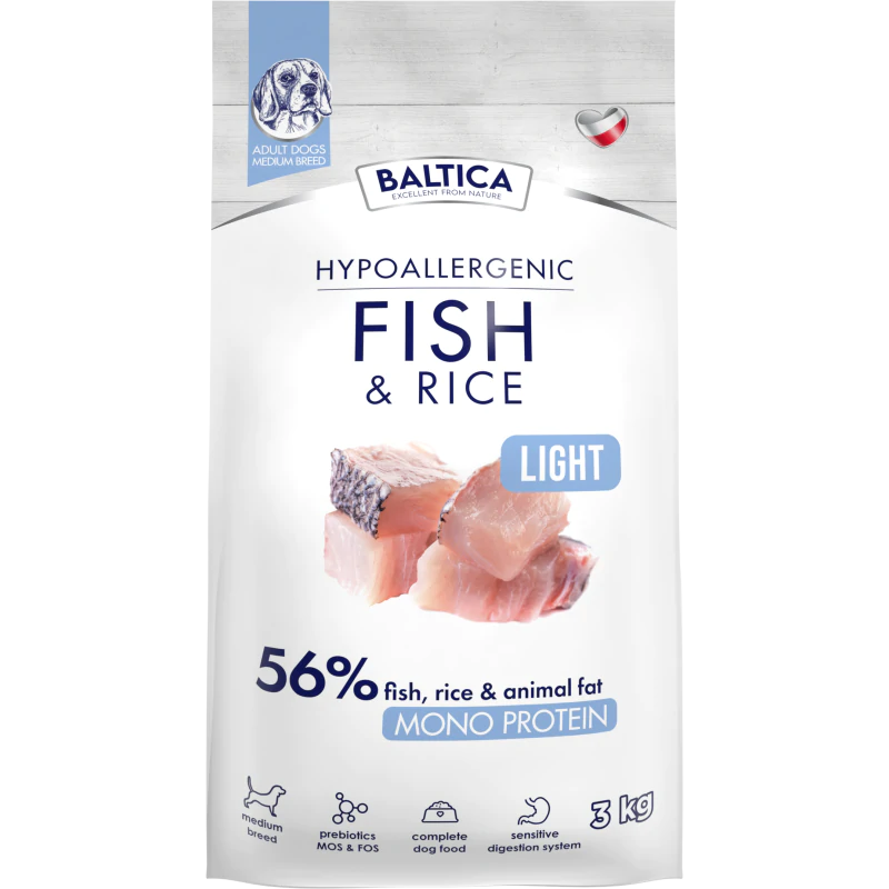 BALTICA HYPOALLERGENIC FISH & RICE LIGHT M 3 KG KARMA NISKOTŁUSZCZOWA DLA PSÓW ŚREDNICH RAS