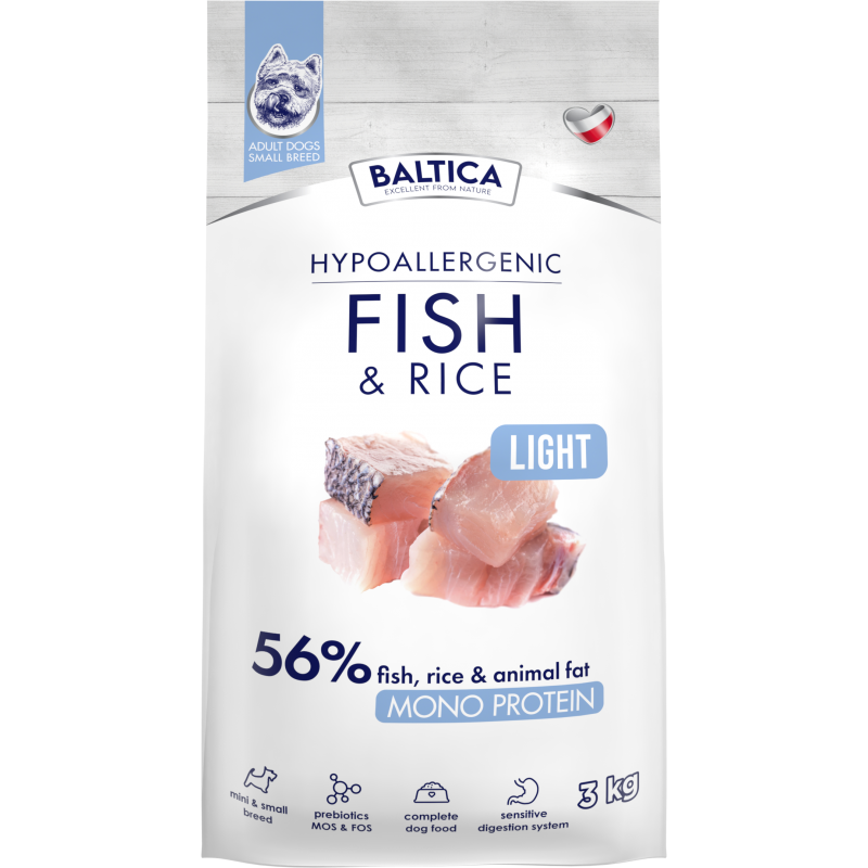 BALTICA HYPOALLERGENIC ADULT FISH & RICE LIGHT XS/S 3 KG KARMA NISKOTŁUSZCZOWA DLA OTYŁYCH PSÓW MAŁYCH RAS