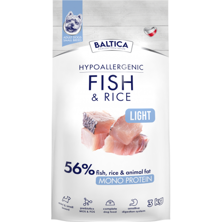 BALTICA HYPOALLERGENIC ADULT FISH & RICE LIGHT XS/S 3 KG KARMA NISKOTŁUSZCZOWA DLA OTYŁYCH PSÓW MAŁYCH RAS