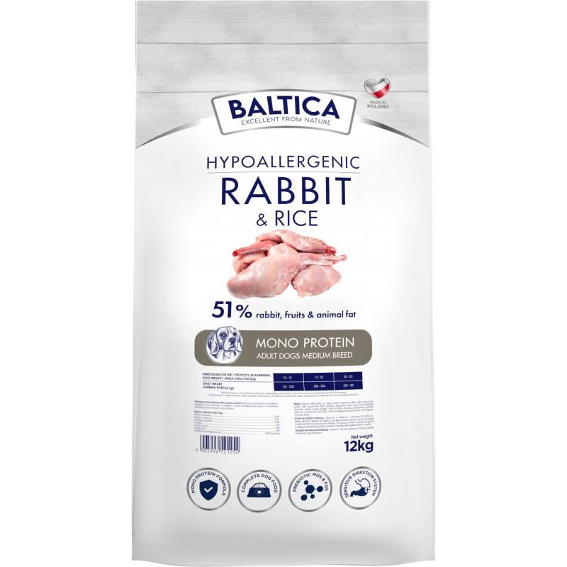 BALTICA HYPOALLERGENIC RABBIT & RICE 12 KG M KARMA SUCHA Z KRÓLIKIEM DLA PSÓW ŚREDNICH RAS