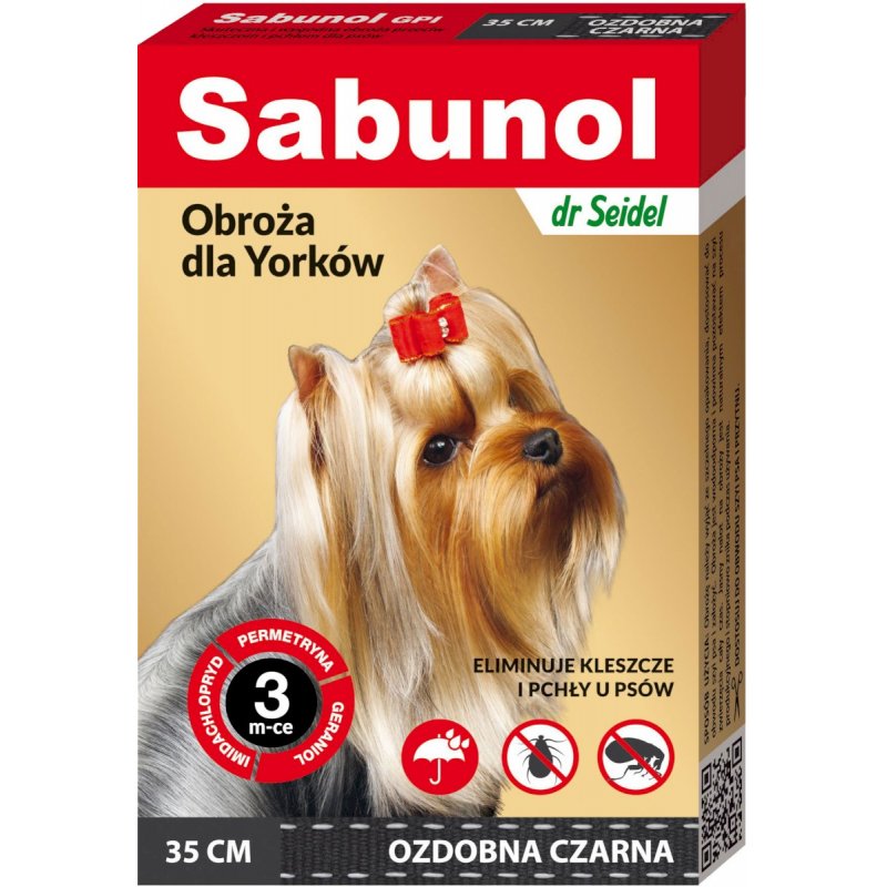 SABUNOL Obroża na kleszcze pchły czarna 35cm dla Yorków