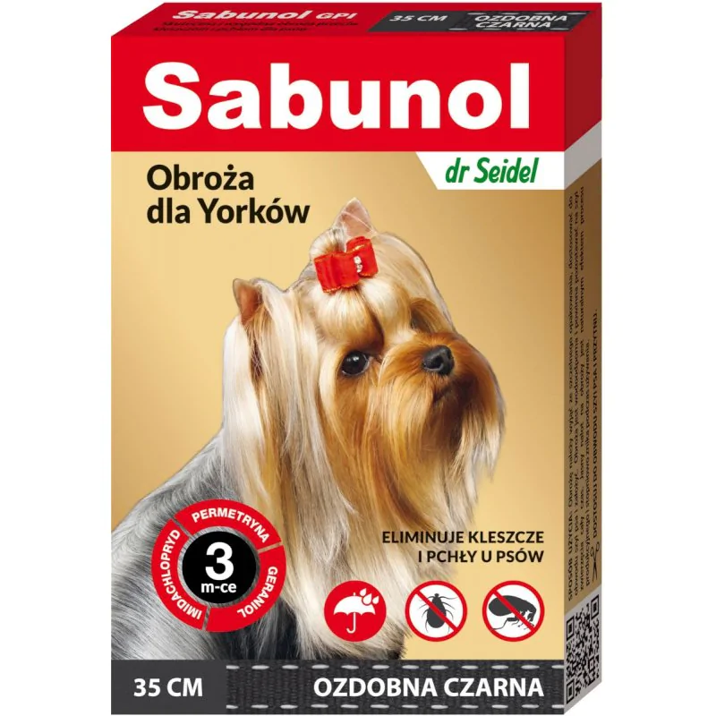 SABUNOL Obroża na kleszcze pchły czarna 35cm dla Yorków