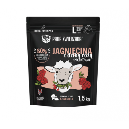 PAKA ZWIERZAKA KARMA SUCHA PUPPY JAGNIĘCINA Z DZIKĄ RÓŻĄ L 1,5KG