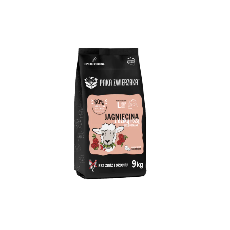 PAKA ZWIERZAKA KARMA SUCHA PUPPY JAGNIĘCINA Z DZIKĄ RÓŻĄ L 9 KG
