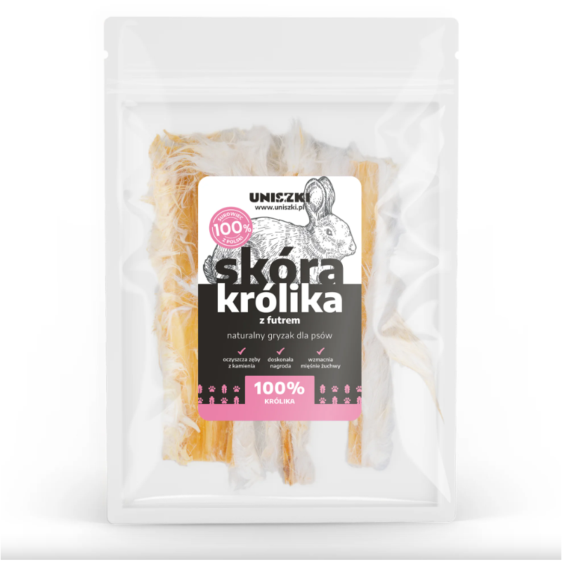 Skóra królika z futrem 100 g – naturalny gryzak dla psa