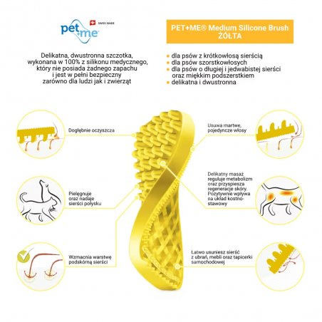 Pet+Me Medium Silicone Brush Yellow – szczotka silikonowa dla psa do czesania i masażu sierści krótkiej, długiej i szorstkiej-8032