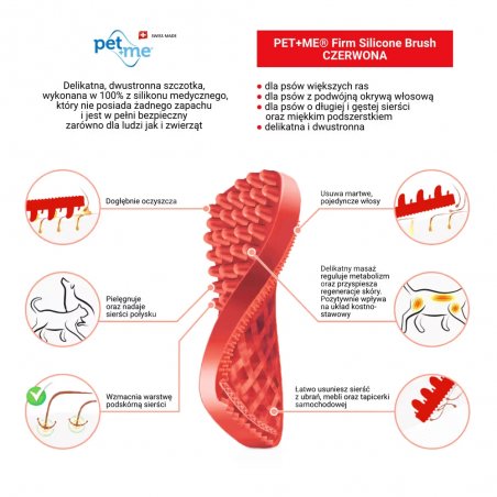 Pet+Me Firm Silicone Brush Red - szczotka silikonowa dla psa, do gęstej i długiej sierści z grubym podszerstkiem-8035