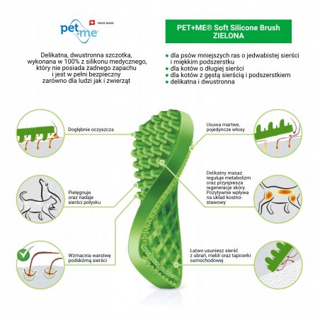 Pet+Me Soft Silicone Brush Green - szczotka silikonowa dla małych psów i kotów z długą, gęstą sierścią i miękkim podszerstkiem-8043