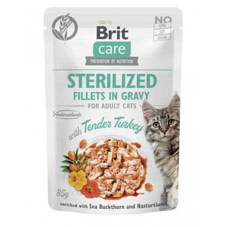 Brit Care Cat Fillets in Gravy Sterilized – Indyk, Nasturcja i Rokitnik, 85 g