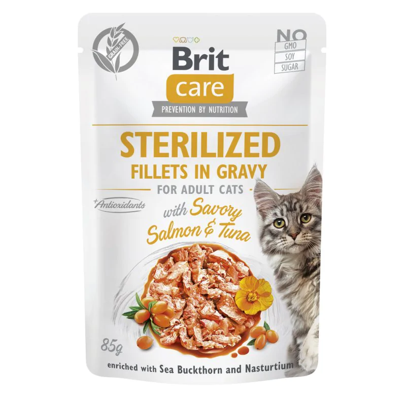 Brit Care Cat Fillets in Gravy Sterilized, łosoś i tuńczyk, 85 g
