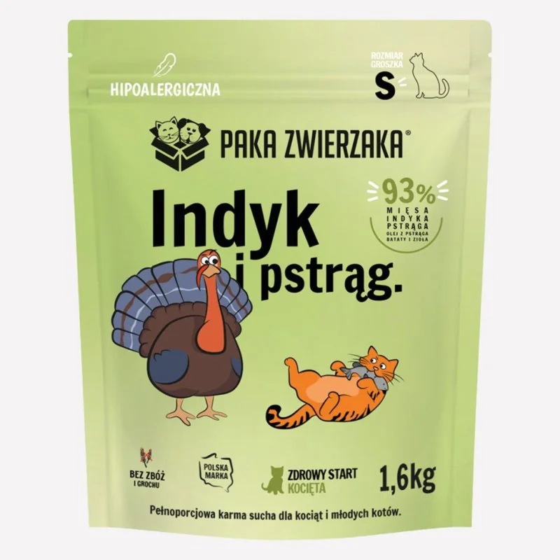 PAKA ZWIERZAKA KARMA SUCHA KOT INDYK I PSTRĄG KOCIĘTA S 1,6KG