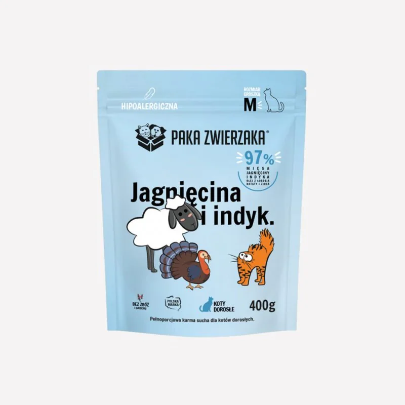 PAKA ZWIERZAKA KARMA SUCHA KOT JAGNIĘCINA I INDYK M 400G