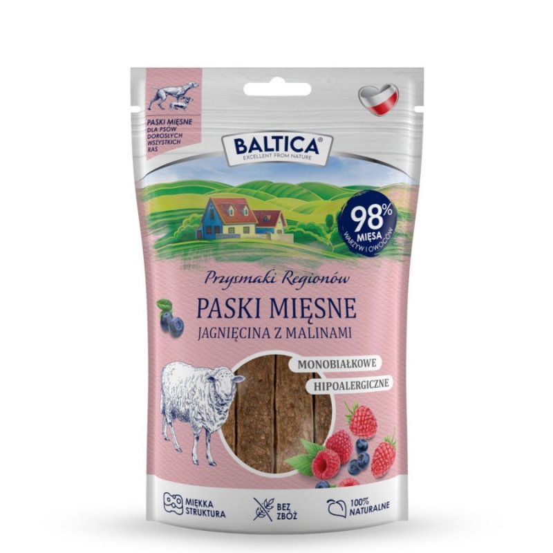 Baltica przysmak dla psa mięsne paski jagnięcina z malinami 92% mięsa