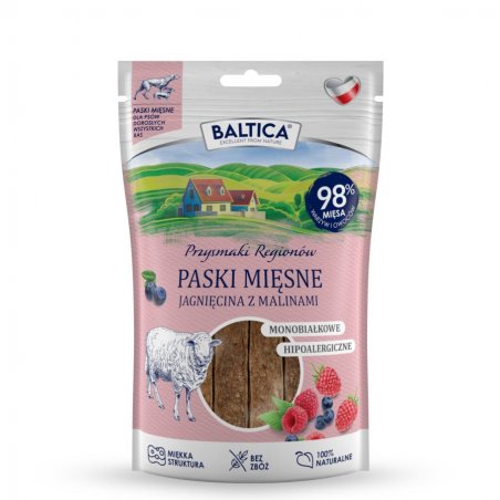 Baltica przysmak dla psa mięsne paski jagnięcina z malinami 92% mięsa