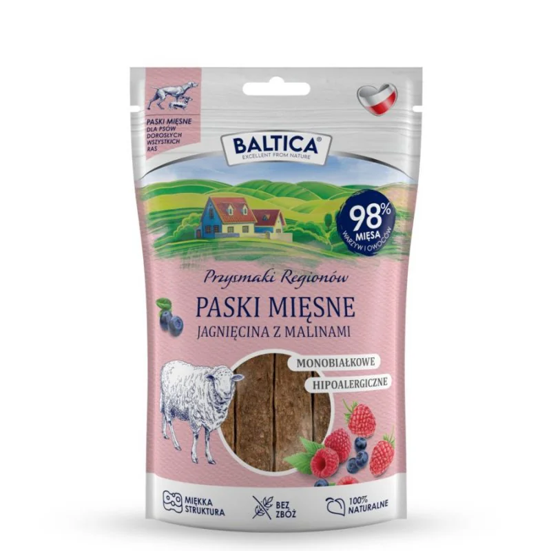 Baltica przysmak dla psa mięsne paski jagnięcina z malinami 92% mięsa