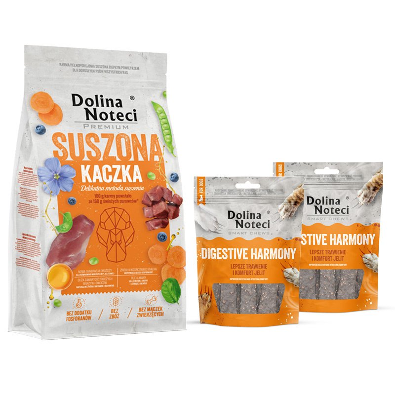 Karma suszona dla psa Dolina Noteci Premium kaczka 9 kg + gratis 2 x Smart Chews Digestive Harmony wspierające trawienie