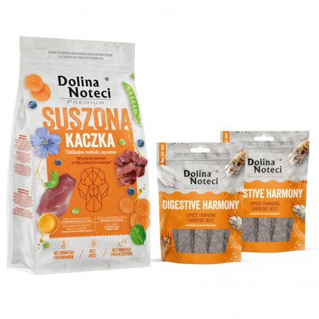 Karma suszona dla psa Dolina Noteci Premium kaczka 9 kg + gratis 2 x Smart Chews Digestive Harmony wspierające trawienie