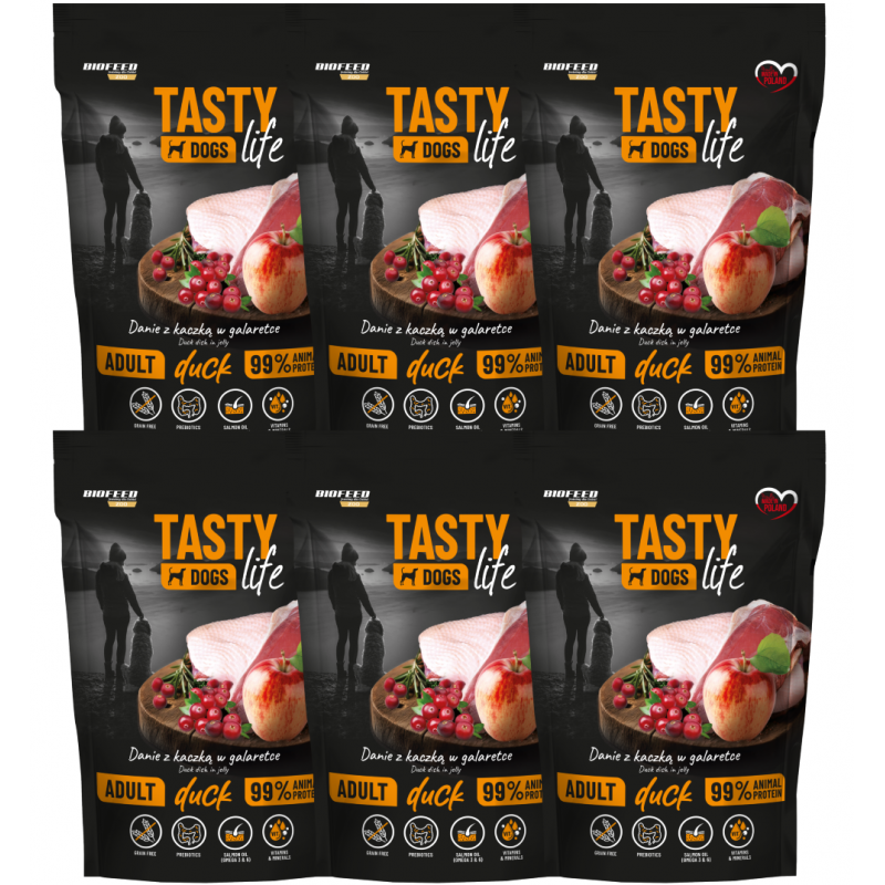 6x Tasty Dogs Life kama mokra KACZKA 90% mięsa 500g